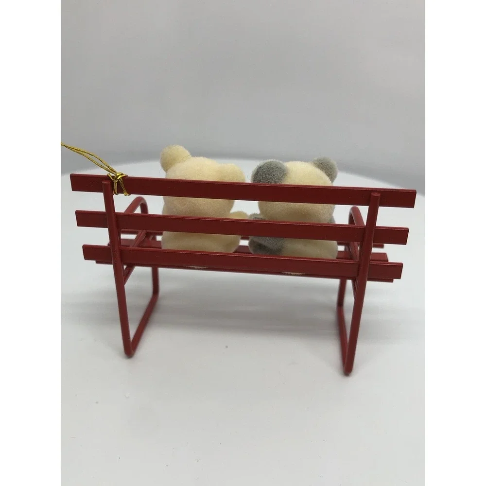 Vintage Russ Berrie & Co Red Metal Bench with 2 Bears Christmas‎ Ornament